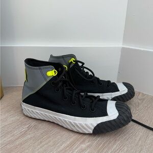 Converse Black High-Top Sneakers with Gray Panels and Neon Yellow Accents